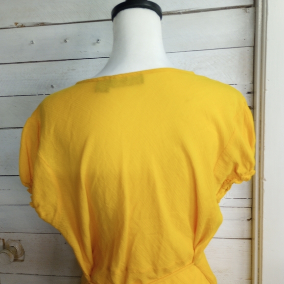 Ashley Stewart 1X Yellow Cotton Boho Tunic Top V-Neck Short Sleeve Blouse - Picture 6 of 13
